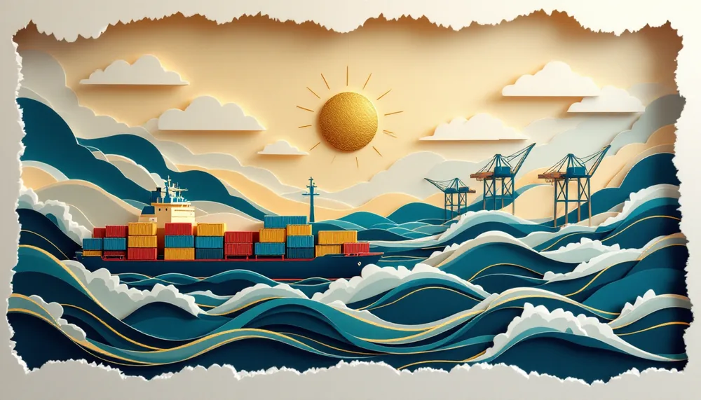 Layered papercut scene of a container ship crossing teal waves toward port cranes, under a gold sun.