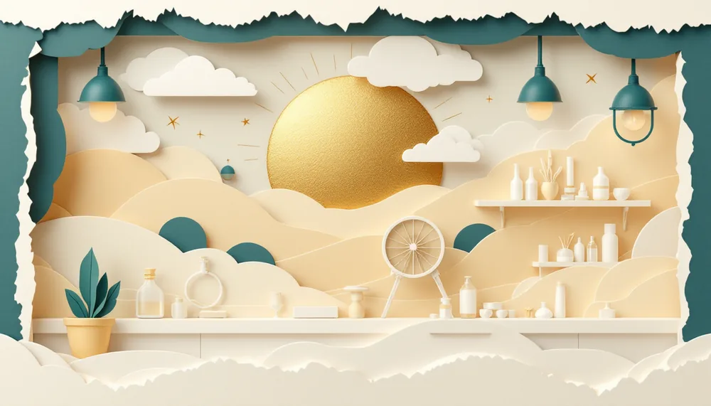 Layered papercut scene of a clean laboratory bench, glassware and instruments on open shelves under pendant lamps.