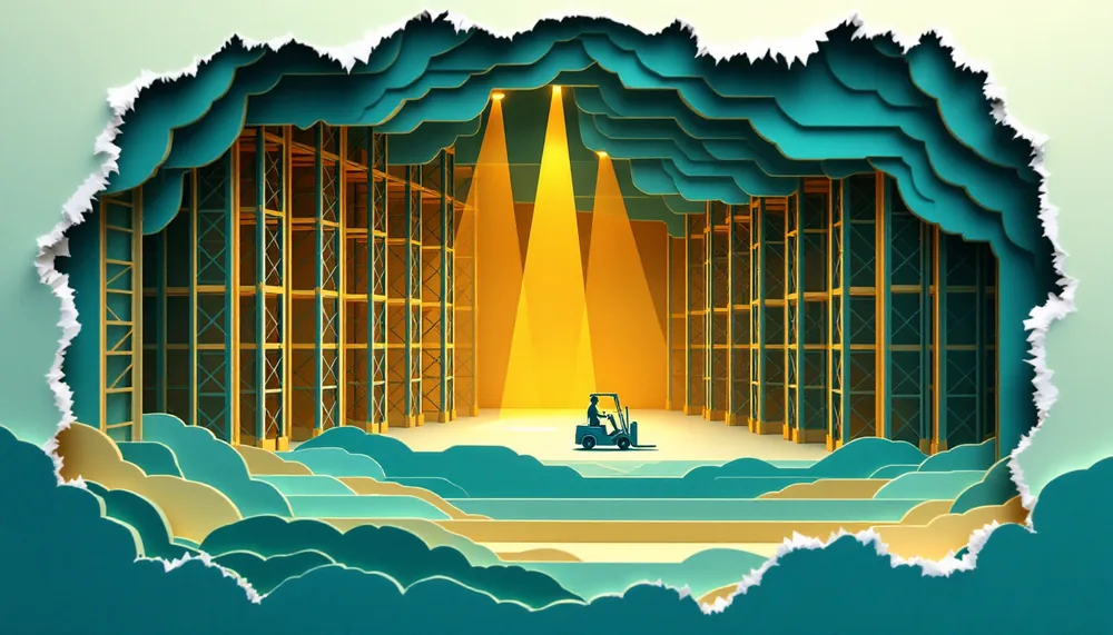 Layered papercut scene of a warehouse aisle, tall racking either side, a forklift working under a shaft of light.