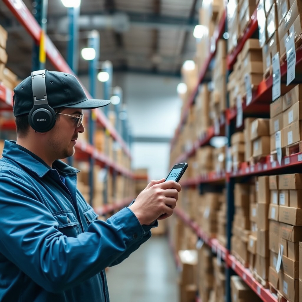 Warehouse associate scanning shelved cartons with a handheld device during a cycle count.