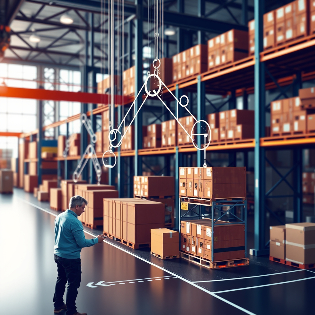 Palletized cartons on warehouse racking with a supply chain flow diagram sketched over the aisle.