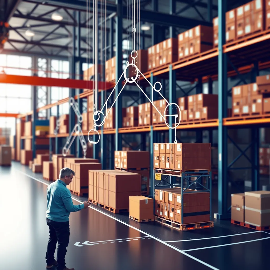 Palletized cartons on warehouse racking with a supply chain flow diagram sketched over the aisle.