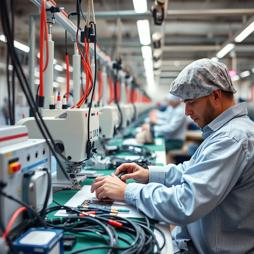 Production line worker assembling electronics into textile goods at a row of sewing stations.