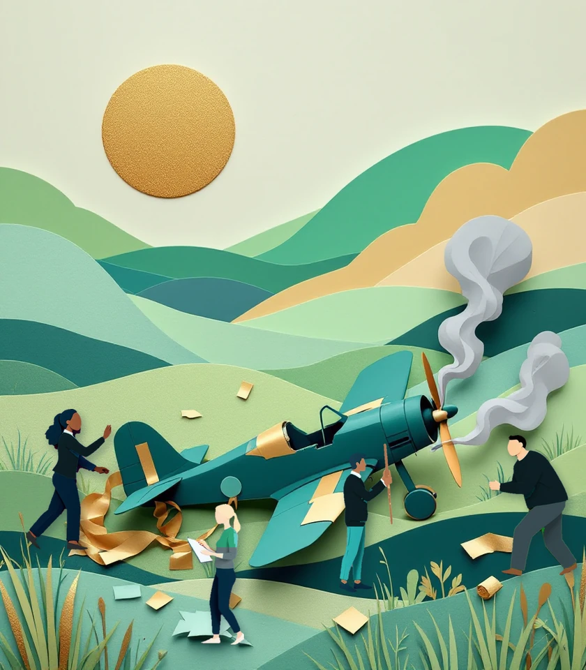 An aircraft lies broken in the grass, patched with gold tape and smoking, while three people from the company push and prop it up; someone from PILTA stands to one side writing on a clipboard.
