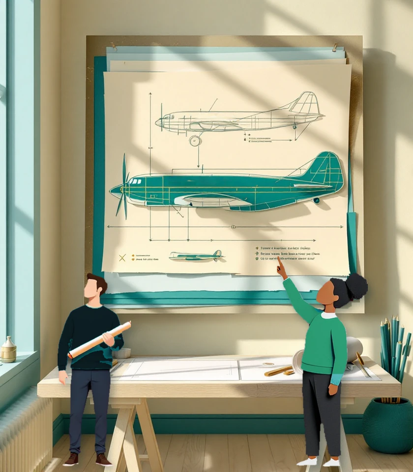 A drawing board shows the old aircraft sketched above the improved design, with measurements marked against it; someone from the company holds a rolled plan while someone from PILTA points to the new design.