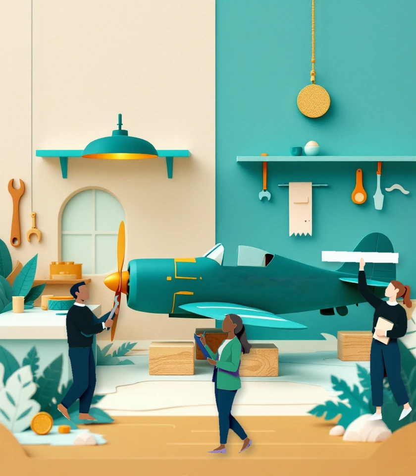The aircraft stands on blocks in a workshop; one person from the company tightens the propeller with a wrench, another holds a panel up to the tail, and someone from PILTA directs the work with a clipboard.