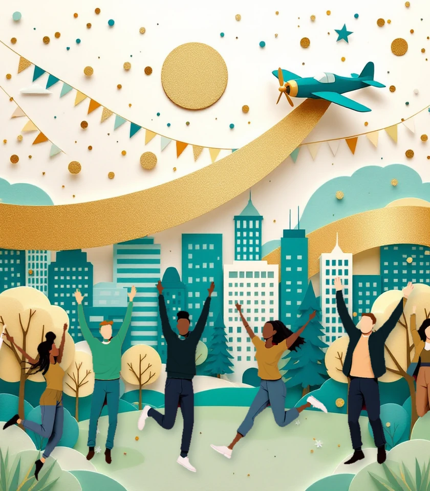 The aircraft climbs over a city skyline on a gold ribbon, with bunting and confetti in the sky, while the company team and people from PILTA jump and cheer below.