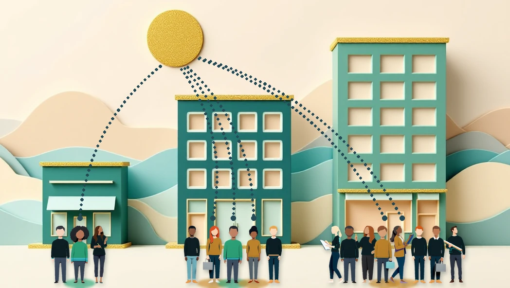 Three companies of different sizes, each with PILTA executives and consultants working inside alongside the company’s own people, all linked to PILTA by dotted lines.