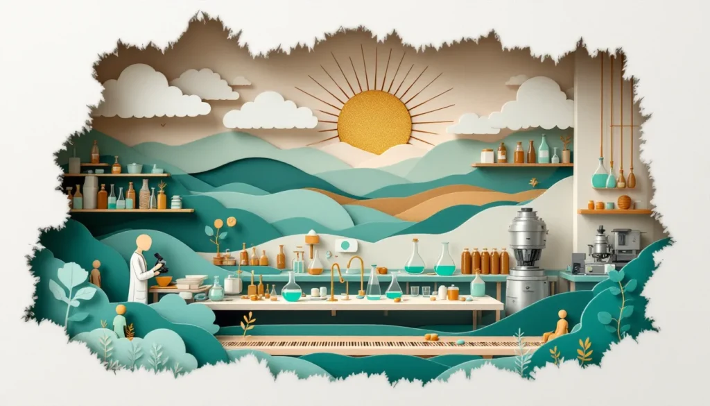 Layered papercut scene of a pharmaceutical lab: a scientist works at a long bench of glass flasks and reagent bottles, with teal hills and a gold sun beyond.