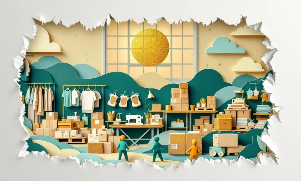 Layered papercut scene of a small factory making apparel, toys and packaging: garment racks, a sewing station and stacked cartons, with a gold sun through the window.