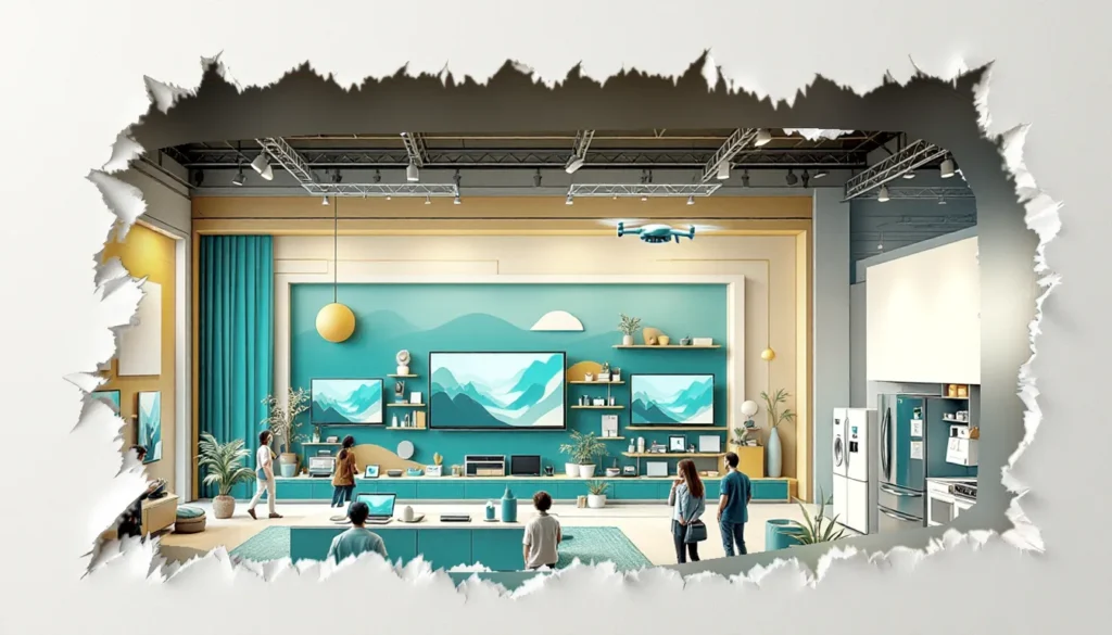 Layered papercut scene of a consumer electronics booth: a wall of televisions, devices on display tables, refrigerators, a washer and a range, with visitors and a drone overhead.