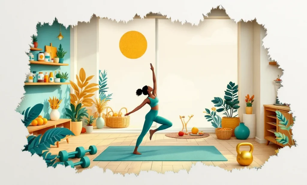 Layered papercut scene of a home wellness studio: a woman stretches on a yoga mat beside dumbbells and a kettlebell, with shelves of vitamins and bowls of fruit.