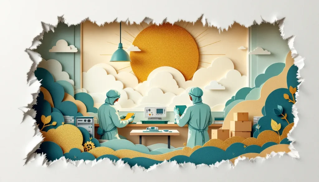 Layered papercut scene of a medical device clean room: two technicians in gowns and caps assemble handheld monitors beside sterile device cartons, under a gold sun.