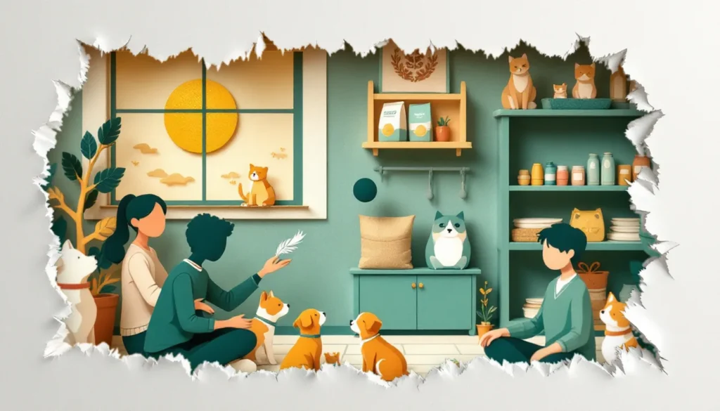 Layered papercut scene of a pet store play area: people sit on the floor with puppies, one holding a feather toy, as cats watch from shelves of pet food and supplies.