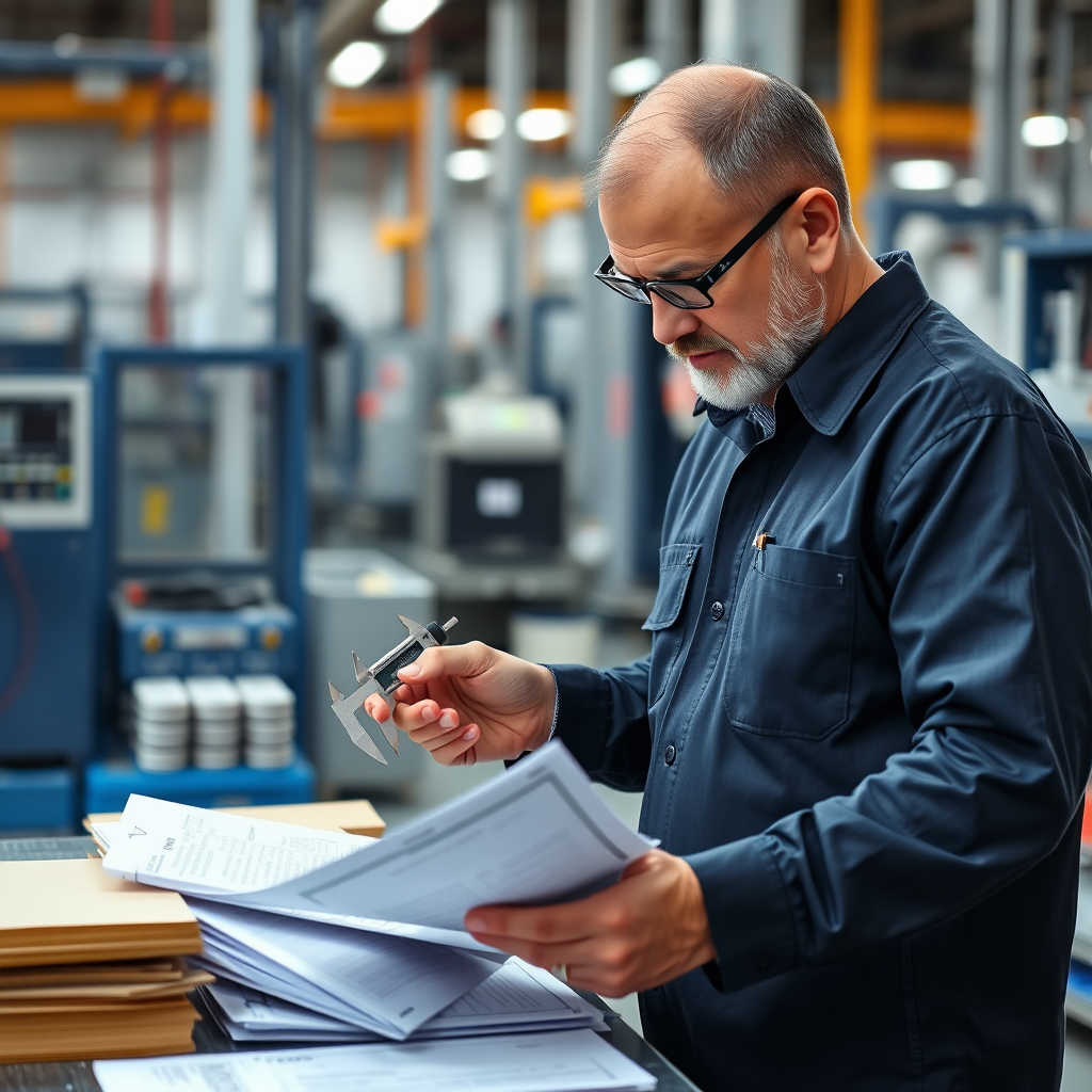 Quality inspector measuring incoming parts with calipers against printed specifications on a factory floor.